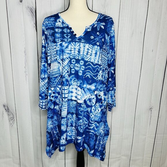 Tango Mango Blue Patterned 3/4 Sleeve V-Neck Tunic Blouse Women's Sz L India - Picture 1 of 11